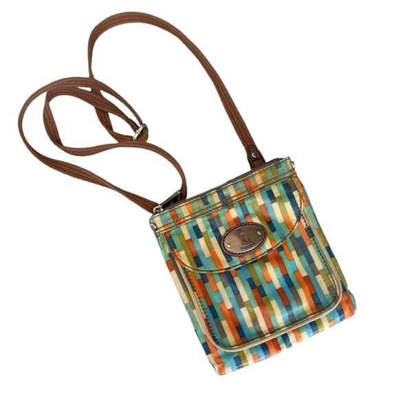 Fossil Key Per Coated Canvas Multicolor Mini Crossbody Bag Leather Trim - Picture 1 of 6